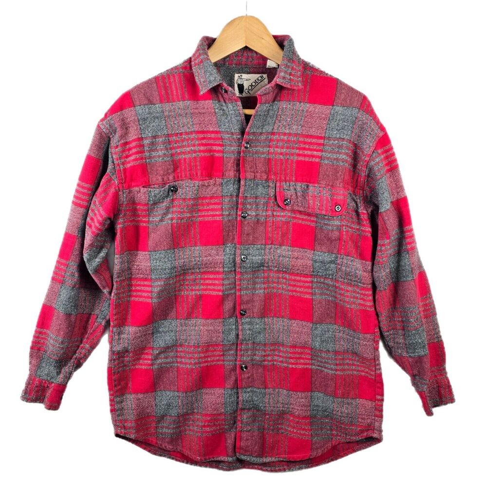 VINTAGE Goouch Shirt Men Medium Red Flannel Button Down Plaid Pocket‎ 90s Thick